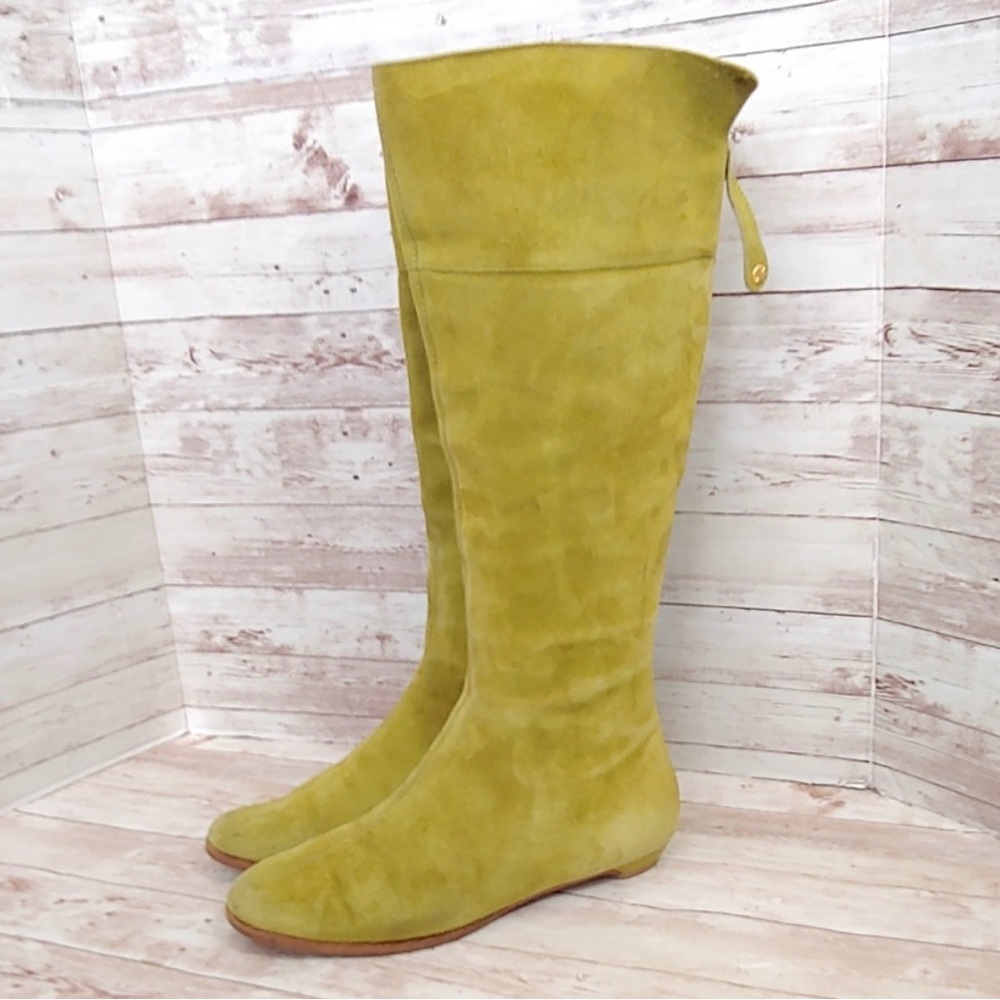 Vintage Jimmy Choo Chartreuse flat Knee-High Suede Boots - Picture 2 of 5